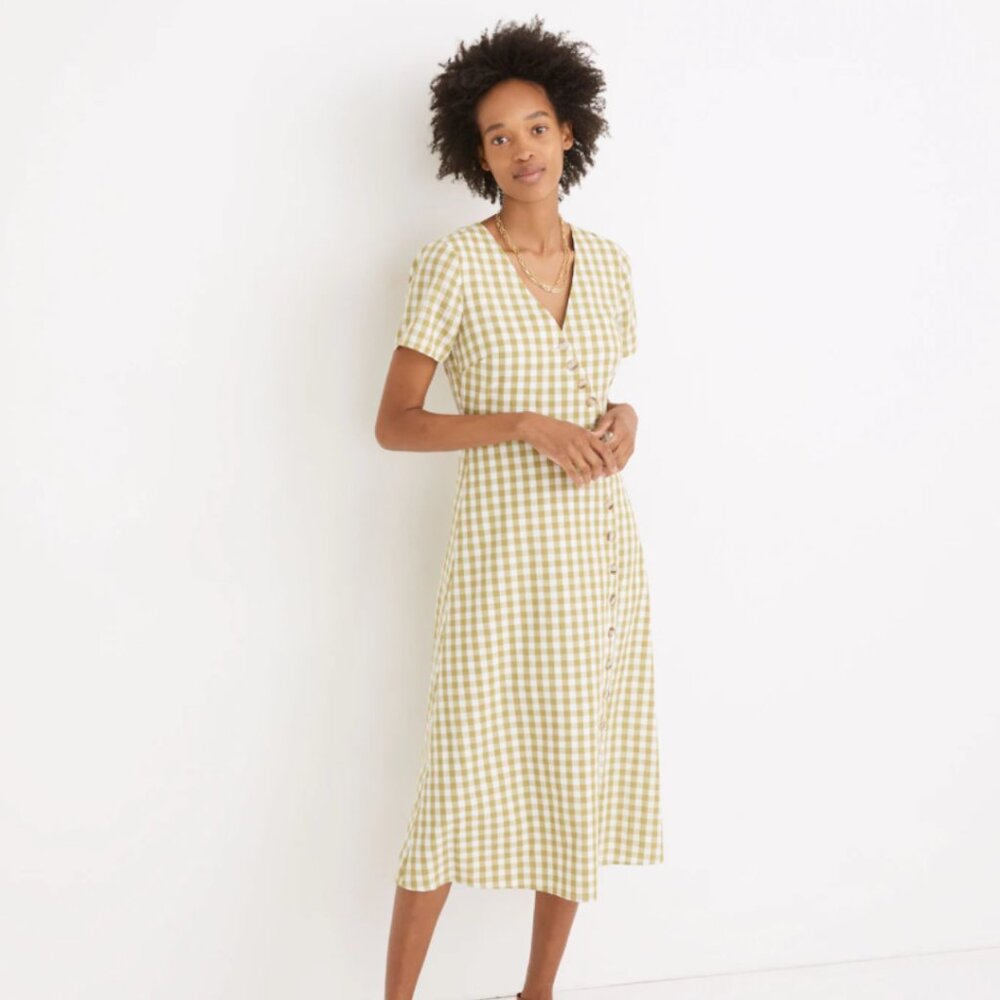 Madewell Button-Wrap Midi Dress in Gingham Check